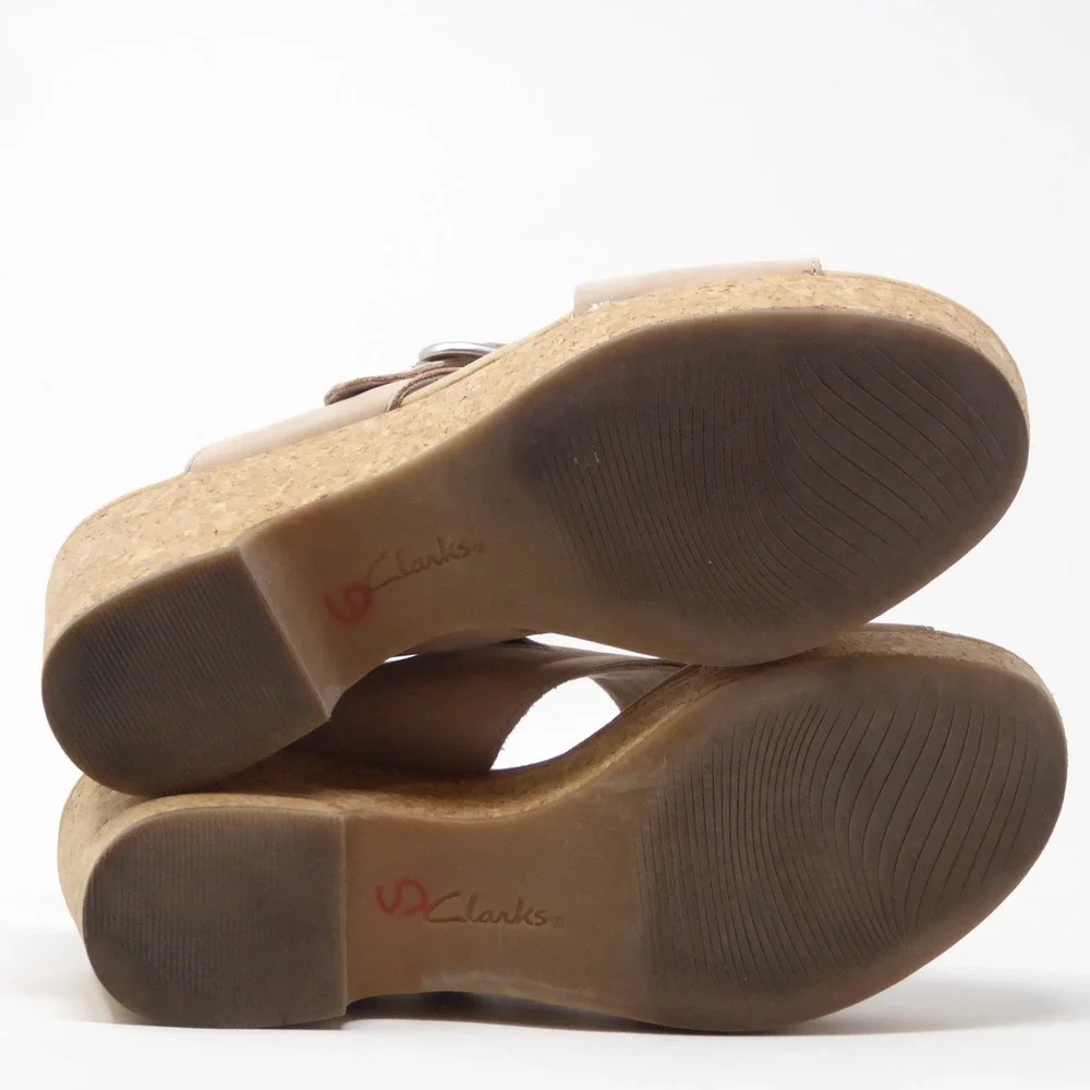 Clarks Giselle Womens Wedge Sandals Tan Leather Cork Platform Buckle 9